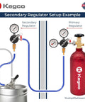 Kegco secondary regulator setup diagram, front view; black regulator with gauge and blue tubing to a red CO2 tank