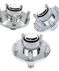Double Pack 1.98 Inch Trailer Hub Dust Caps With Wheel Bearing Grease Covers Road Warrior Grade showing chrome finish design.