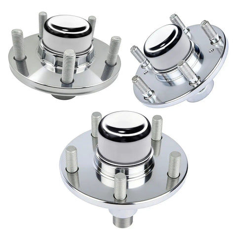 Double Pack 1.98 Inch Trailer Hub Dust Caps With Wheel Bearing Grease Covers Road Warrior Grade showing chrome finish design.