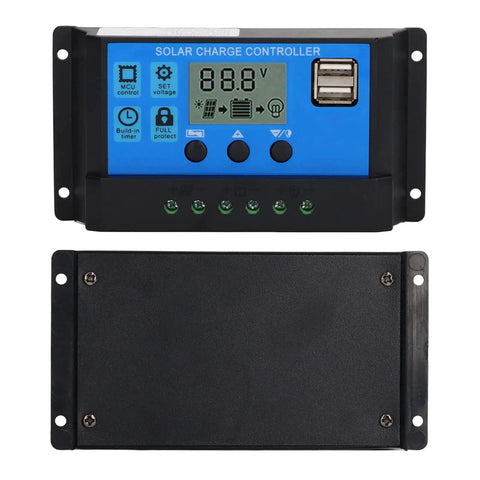 Front and back view of Powerful 12V 24V PWM Solar Controller With LCD Display And USB Output, 100A MPPT Style Solar Charger