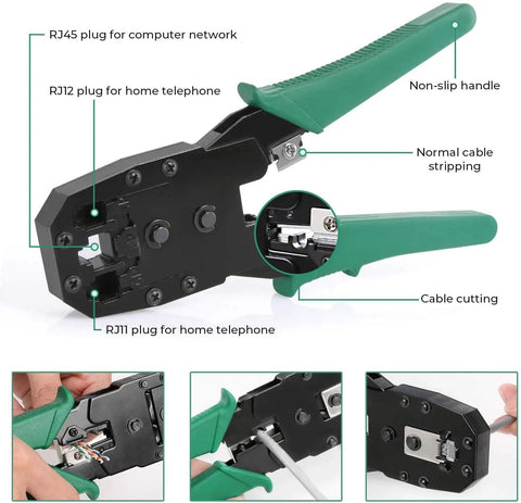 Close-up of crimping pliers from the 9 In 1 Portable Crimping Tool Kit for Network Cabling and Phone Lines with RJ45 RJ11 RJ12 connectors.