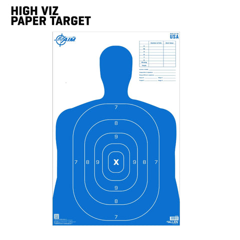 B27 Silhouette Paper Shooting Target 23 x 35 Inches 50 Pack for Handgun Training, blue silhouette with scoring zones