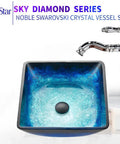 Dope Blue Square Tempered Glass Vessel Sink With Pop Up Drain For Above Counter Vanity Lustrous Deco Glass Finish Modern Top Mount Bathroom Fixture Square Design For A Bold Statement In Your Powder Room