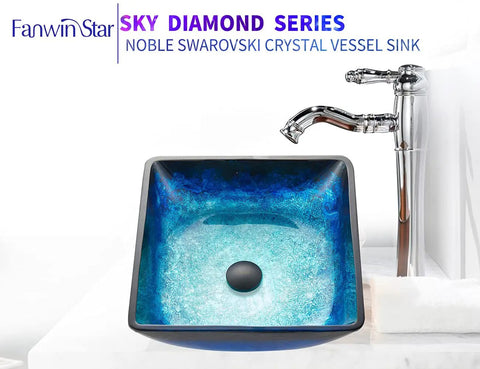 Dope Blue Square Tempered Glass Vessel Sink With Pop Up Drain For Above Counter Vanity Lustrous Deco Glass Finish Modern Top Mount Bathroom Fixture Square Design For A Bold Statement In Your Powder Room