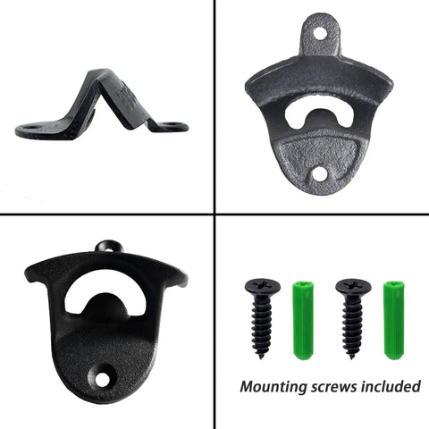Heavy Duty Cast Iron Wall Mounted Bottle Opener For Draft Beer And Soda In Matte Black Finish built like a tank, includes mounting screws.