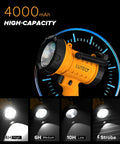 4000mAh high-capacity orange spotlight showing modes, part of 2 Pack Rechargeable Spotlight Flashlights 1,000,000 Lumen Beast Bright IP67 Waterproof Handheld Search Light With Four Modes Foldable Stand Red Light Filter Orange