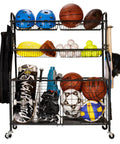 Heavy Duty Garage Sport Organizer With Steel Basketball Rack Baseball Bat Holder And Hooks Easy Assembly Storage For Balls Toys And Workout Gear In Basement Home Gym Or Outdoor Setup with multiple sports items visible.