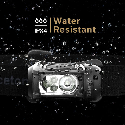 Remix LED Headlamp With 300 Lumens Multicam Camouflage showing IPX4 water resistance, splash droplets visible