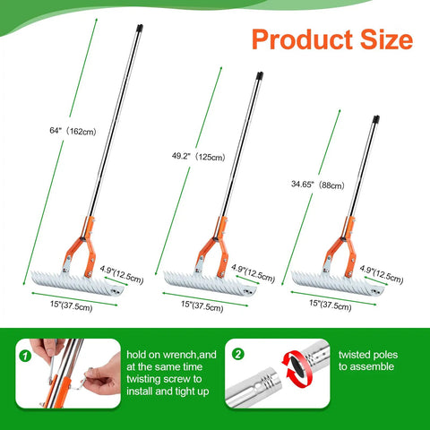 Heavy Duty Thatch Rake for Lawns 15 Inch with Detachable 64 Inch Handle and Adjustable Head Two Sided Dethatcher Rake sizes