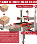 Fast As Heck Automatic Tape Sealer For Boxes with adjustable height and width for multi-sized boxes in warehouse setup.