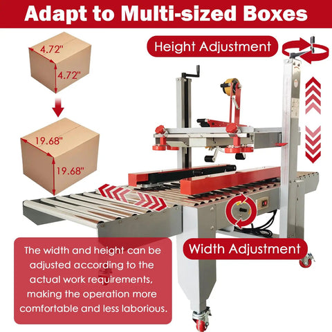 Fast As Heck Automatic Tape Sealer For Boxes with adjustable height and width for multi-sized boxes in warehouse setup.