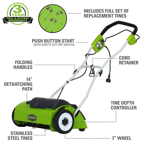 10 Amp 14 Inch Corded Electric Dethatcher with Stainless Steel Tines for a Healthier Lawn, folding handles, and tine depth controller