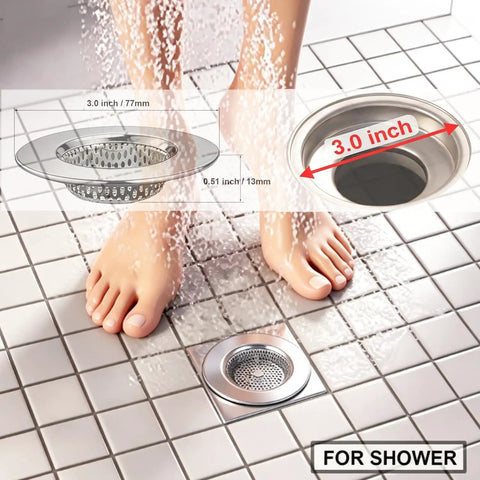 Stainless Steel Bathtub Drain Strainers Pack Of 2 Hair Catcher Drain Cover Basket With 3.0 Inch Outer Diameter And 1.60 Inch Inner Diameter Fits 1.75 Inch Drain Holes Keeps Your Shower And Tub Hair Clogs shown in use in shower floor