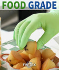 FINITEX green nitrile disposable gloves, small size, food-grade, used for handling peaches.