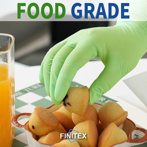 FINITEX green nitrile disposable gloves, small size, food-grade, used for handling peaches.