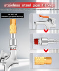 Three Way Air Hose Splitter With Red Manifold And Quarter Inch NPT Connections Pro Grade Industrial Swivel Plugs Nickel Plated Steel Couplers And Quick Connects For Heavy Duty Use with detailed fittings