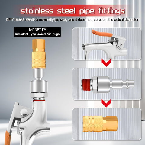 Three Way Air Hose Splitter With Red Manifold And Quarter Inch NPT Connections Pro Grade Industrial Swivel Plugs Nickel Plated Steel Couplers And Quick Connects For Heavy Duty Use with detailed fittings