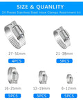Premium Hose Clamps 24 Piece Set. Heavy Duty Stainless Steel Worm Gear Assortment Kit For Fuel Lines, Plumbing, Automotive Mechanic Repairs Radiator And Garden Hoses Ranging From One Quarter In To Two Inches Wide.
