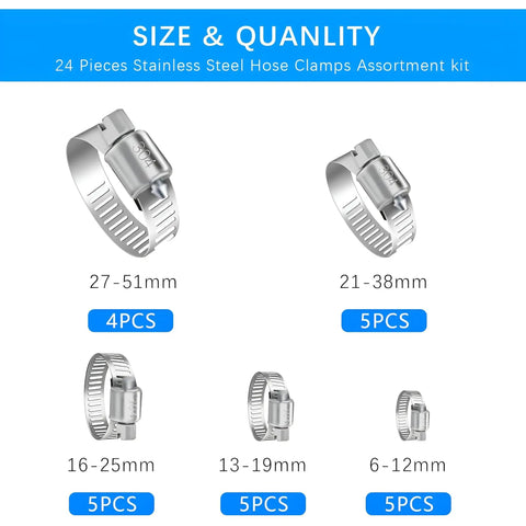 Premium Hose Clamps 24 Piece Set. Heavy Duty Stainless Steel Worm Gear Assortment Kit For Fuel Lines, Plumbing, Automotive Mechanic Repairs Radiator And Garden Hoses Ranging From One Quarter In To Two Inches Wide.