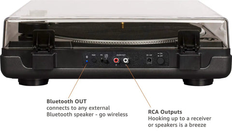 Crosley T400D Black Fully Automatic 2-Speed Turntable With Built-in Bluetooth Speaker Output And Preamp rear view with Bluetooth and RCA outputs