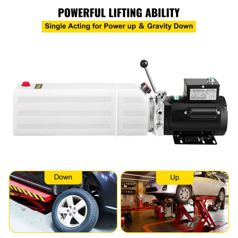 Hydraulic power unit for car lift; white 6-quart reservoir with black motor, 220V 3HP (side view)