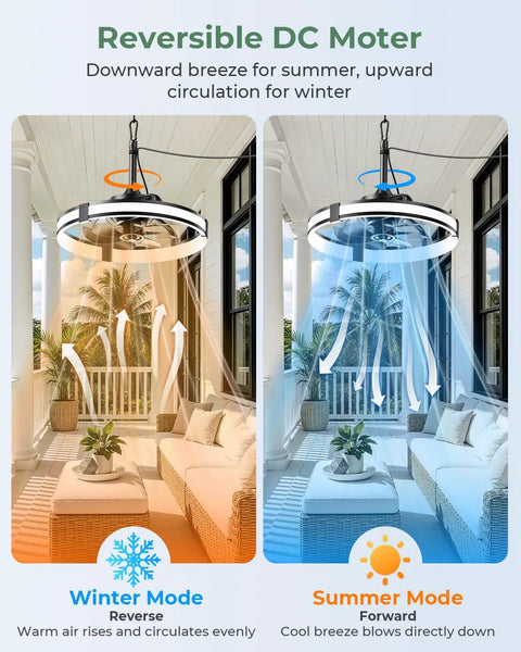 20 Inch Outdoor Ceiling Fan With Integrated Led Lamp And Smart Remote Control Packs Hella Rugged IP65 Shield For Porch Or Gazebo showing winter and summer modes.