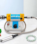 Pro Grade Bench Top Polisher And Grinder For Sanding Grinding And Polishing With 320W Motor And Variable Speed 800 To 10000 RPM 110V Yellow Industrial Tool Includes A Full Accessory Kit For Workshops Makers And DIYers on white surface.