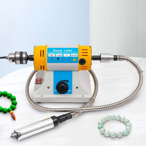 Pro Grade Bench Top Polisher And Grinder For Sanding Grinding And Polishing With 320W Motor And Variable Speed 800 To 10000 RPM 110V Yellow Industrial Tool Includes A Full Accessory Kit For Workshops Makers And DIYers on white surface.