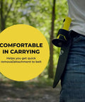 Beefy Heavy Duty Metal Detector Shovel With Double Serrated Edge And Sheath attached to belt for easy carrying