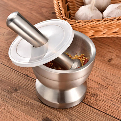 18 By 8 Stainless Steel Mortar And Pestle Set With Brushed Finish Durable Non Slip Base Rustproof No Residual Taste Easy To Clean Spice Grinder For Herbs And Pills Grinds Spices Like A Pro In Your Kitchen with lid, spices inside
