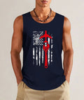 Men's Sleeveless Workout Tank Top With American Flag Graphic For Aircraft Mechanics And Gym Rats Hella Comfy Breathable Cotton, navy color.