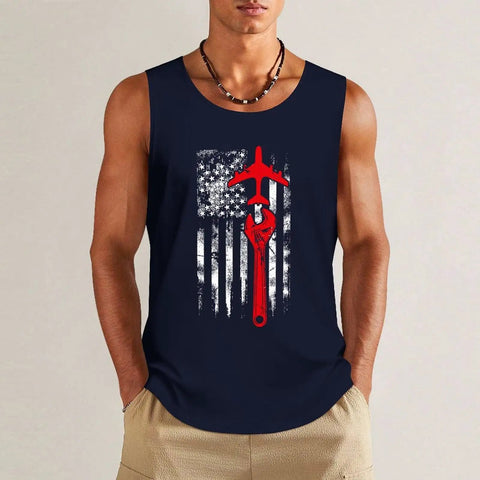 Men's Sleeveless Workout Tank Top With American Flag Graphic For Aircraft Mechanics And Gym Rats Hella Comfy Breathable Cotton, navy color.