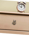 Cat Shaped Brass Cabinet Knobs Set For Kitchen Bedroom And Bath on wooden drawer with clock on top