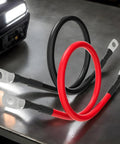 Flexible Heavy Duty Battery Cable Connector And Extension Wire For Truck Marine Golf Cart Motorcycle And Automotive Uses Tinned Oxygen Free Copper Ends For Reliable Power To Alternator And Starter Vehicle Maintenance Kit; showing red and black cables with tinned copper ends