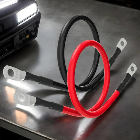 Flexible Heavy Duty Battery Cable Connector And Extension Wire For Truck Marine Golf Cart Motorcycle And Automotive Uses Tinned Oxygen Free Copper Ends For Reliable Power To Alternator And Starter Vehicle Maintenance Kit; showing red and black cables with tinned copper ends