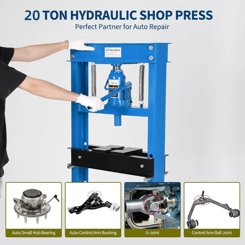 Heavy Duty 20 Ton H-Frame Hydraulic Shop Press in use for auto repair, adjustable worktable and blue rust-resistant frame.