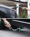 Heavy Duty Metal 2-In-1 Garden Hose Wand With 9 Spray Patterns used for washing a car, featuring thumb flow control.