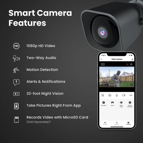 Outdoor WiFi Security Camera With 1080p HD Video And Night Vision, Remote App features list with smartphone interface display.