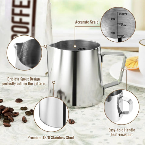 Stainless Steel Milk Frothing Pitcher 6.8oz 200ml With Dripless Spout, Dishwasher Safe, 18/8 Construction And Easy Read Measuring Scale