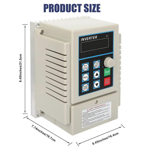 Front view of 220V Single Phase To 3 Phase VFD Inverter For Spindle Motor Speed Control, 0.75KW 1HP 5A, with size measurements.