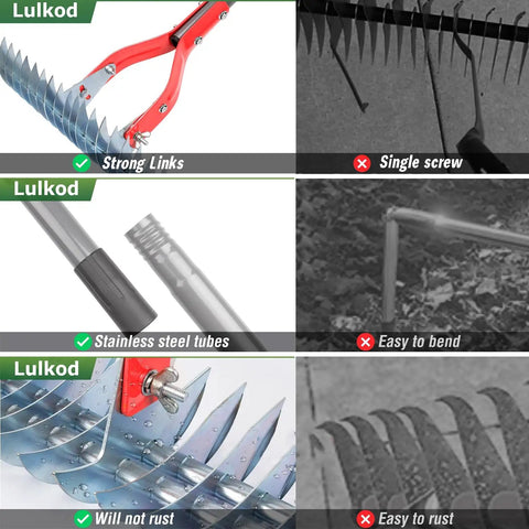 Collage of Beast Dethatching Rake showing adjustable steel teeth, stainless steel handle, and rust-resistant features.