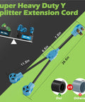 Heavy Duty 30 Amp Y Splitter Adapter Cord With Nema 10 To Dual 30 R Plugs For Level 2 EV Charging And Dryer Outlet Power Extension dimensions and weight displayed.
