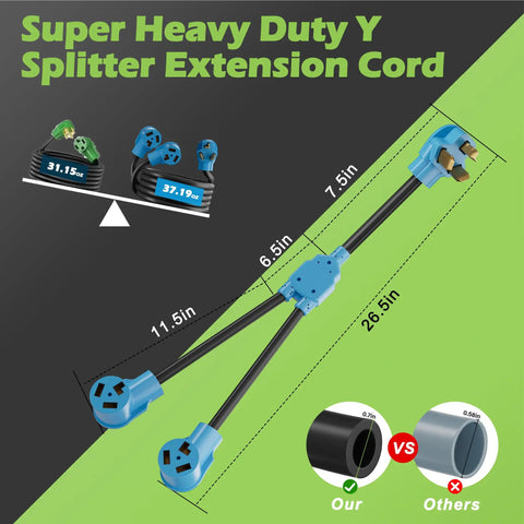 Heavy Duty 30 Amp Y Splitter Adapter Cord With Nema 10 To Dual 30 R Plugs For Level 2 EV Charging And Dryer Outlet Power Extension dimensions and weight displayed.