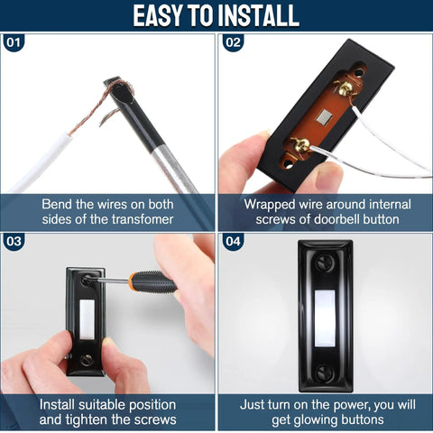 Heavy Duty Metal Doorbell Push Button With Bright White LED Light, Hardwired Doorbell Button, Waterproof and UV Resistant, Tough As Nails, Built to Last in Any Weather, Replaces Old Plastic Button, Sleek Black and White Glow installed with screws