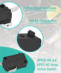Top Shelf Micro Switch Four Pack With No Plus Nc Config Delivers Kicker Twenty Amp Rating At Two Hundred Fifty Vac Featuring Solid Zinc Body And IP Sixty Seven Weather Seal Ideal For Heavy Duty Industrial And Automotive Mods As Direct Honeywell 2-Pin HK-14 normal close push button switches for reliable circuit control.