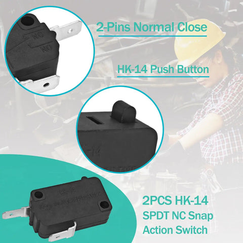 Top Shelf Micro Switch Four Pack With No Plus Nc Config Delivers Kicker Twenty Amp Rating At Two Hundred Fifty Vac Featuring Solid Zinc Body And IP Sixty Seven Weather Seal Ideal For Heavy Duty Industrial And Automotive Mods As Direct Honeywell 2-Pin HK-14 normal close push button switches for reliable circuit control.