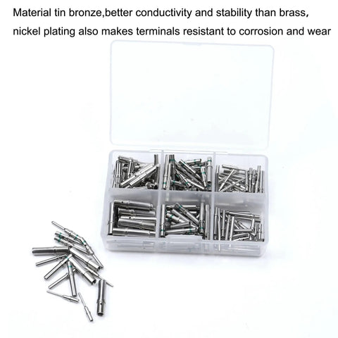 Pro Grade DT Series Solid Contact Pins And Sockets Kit with stainless steel terminals in a plastic case, size 12, 16, 20.