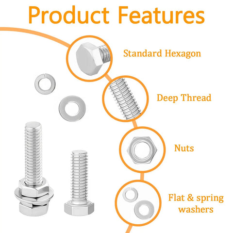 Heavy Duty 116Pcs Metric Bolt Set M6 M8 M10 In 304 Stainless Steel With Nuts And Bolts, Flat And Spring Washers, Hex Head Cap Screws