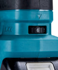 Close-up of the variable speed throttle on the Compact 18V Cordless Brushless Portable Band Saw Featuring No Fuss Blade Setup.