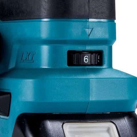 Close-up of the variable speed throttle on the Compact 18V Cordless Brushless Portable Band Saw Featuring No Fuss Blade Setup.